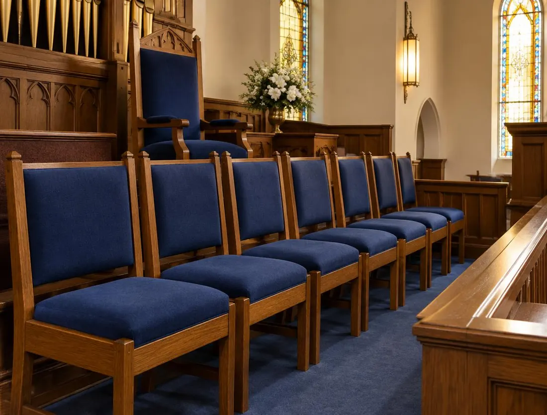 A row of choir chairs re-upholstered in deep blue in front of a pulpit chair