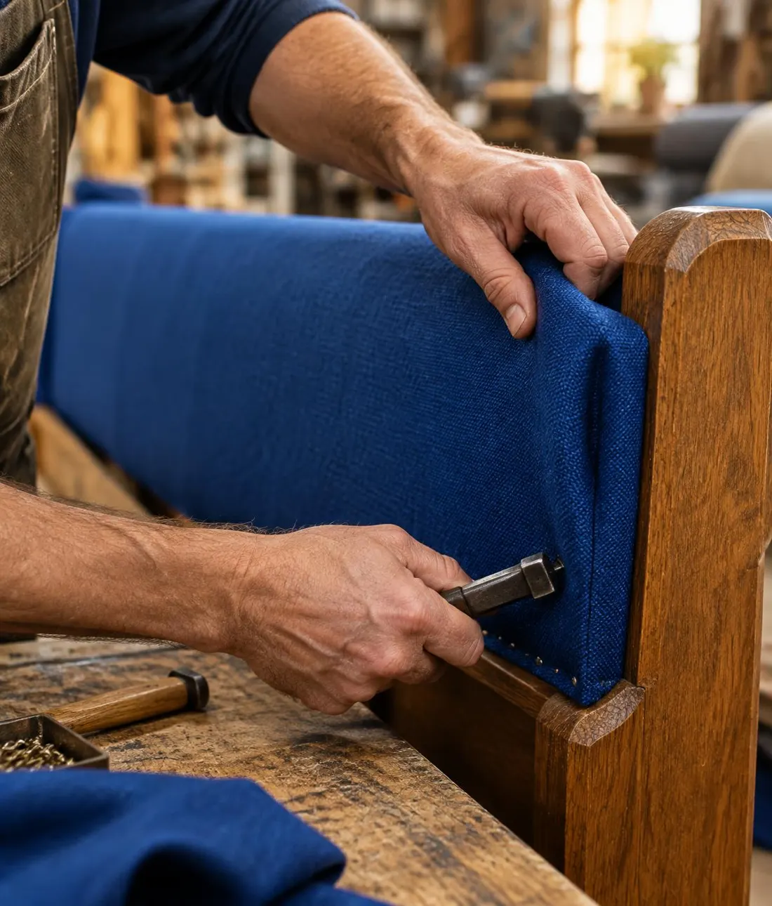 Upholsterer stretching royal blue fabric over a pew back and fastening it by hand