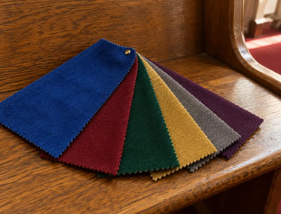 Fan of upholstery fabric swatches in blue, burgundy, green, gold, gray and plum