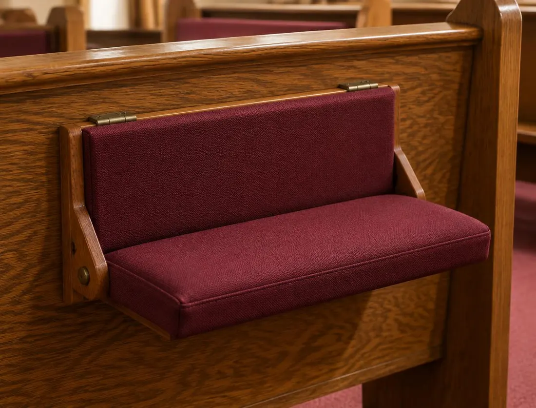 A padded burgundy kneeler folded down on the back of a wooden pew