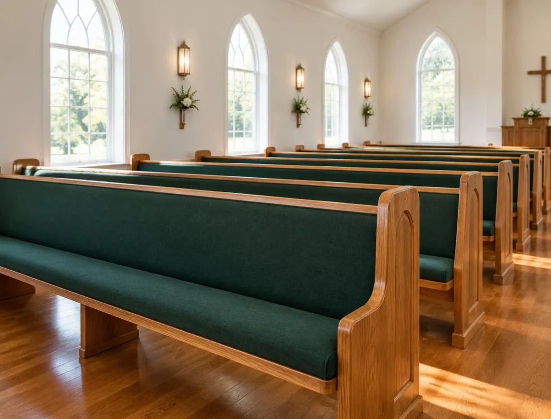 Rows of oak pews with new green upholstered seats and backs in a bright church