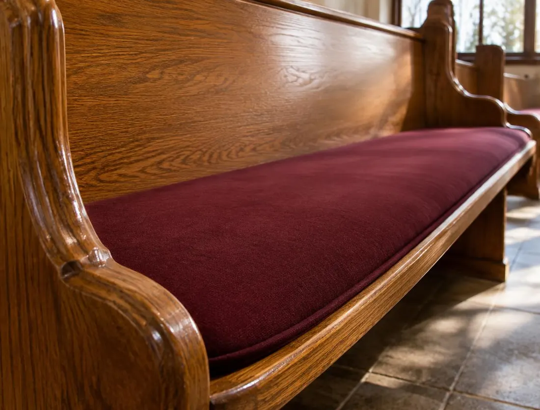 Close-up of a solid oak pew with a fitted burgundy seat cushion