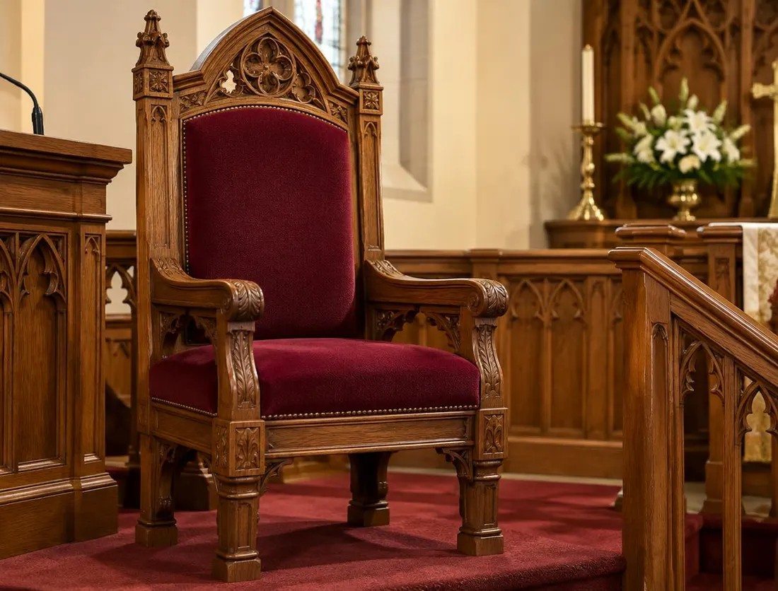 Carved wooden pulpit chair re-upholstered in burgundy