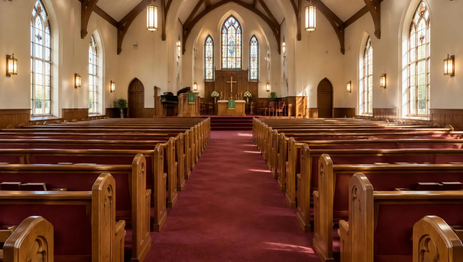 Long view down the aisle of an empty sanctuary with burgundy pew cushions